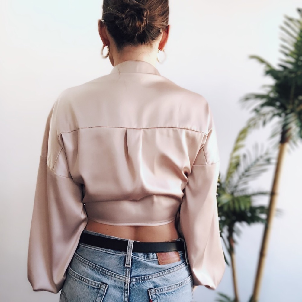 Last 1✨Zeal Nude Satin Puff Sleeve Crop Top - Picture 5 of 8